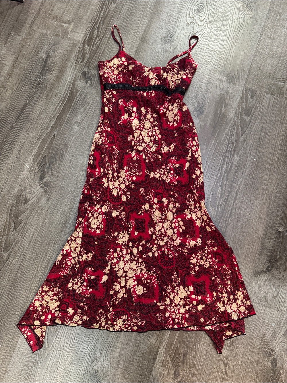 Trixxi Burgundy Floral Asymmetrical Slip Dress with Cream Accents